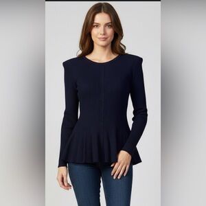 Carmen Marc Valvo Midnight Blue Peplum Long Sleeve Sweater Size Large